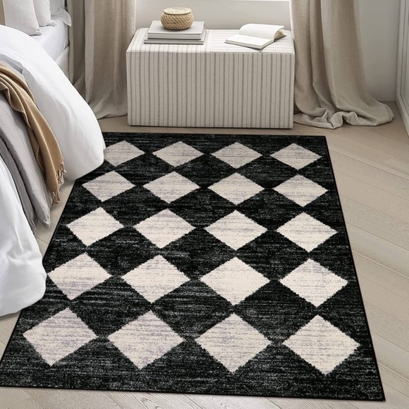 ๐ MC Style Area Rug Black & Ivory Check Checker Plaid 5โ x 7โ MACHINE WASHABLE - Picture 7 of 9